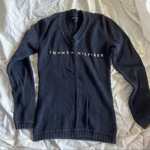 Navy blue Tommy Hilfiger v-neck knit sweater, embroidered logo